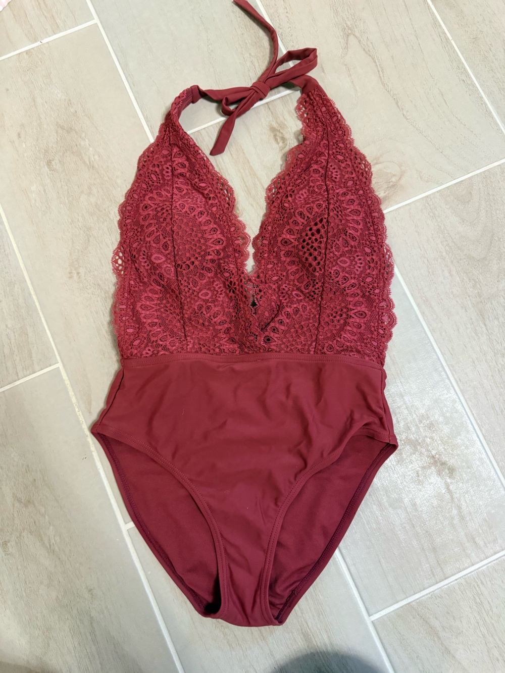Xhilaration Women's One-Piece Lace Plunging Halter Swimsuit in Rust Rose size S